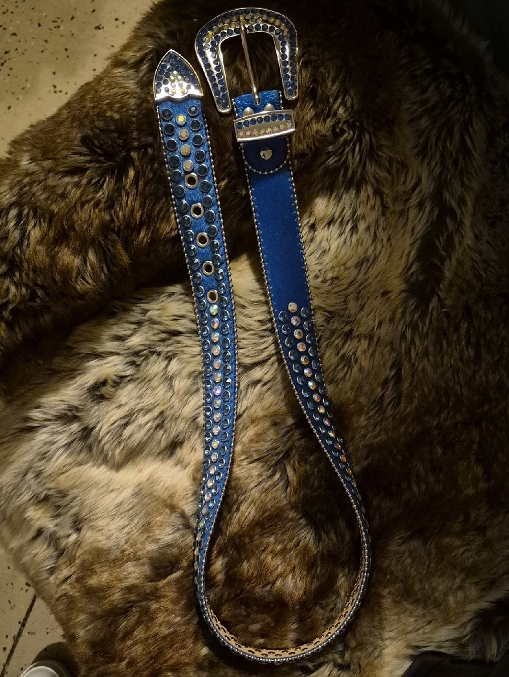 Blue Studded Men's Belt with Rhinestone Buckle